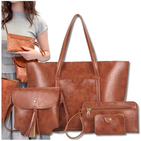 Geanta shopper dama BAD&BAGS din piele maro clasic + accesorii