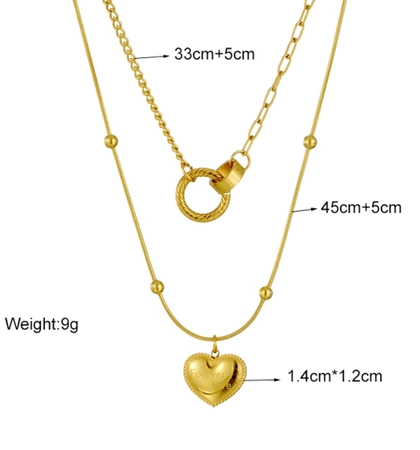 Colier din aur, oțel chirurgical dublu, inele inimioare placate cu aur