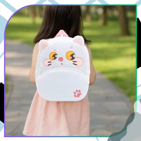 Ghiozdan de pluș pentru copii, pentru preșcolari, cu fermoar, PISICĂ ALBĂ