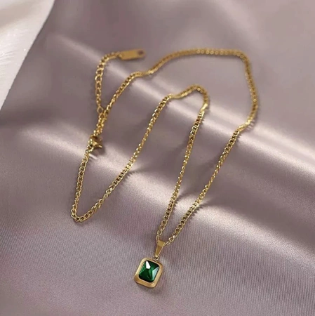 Colier elegant din aur, otel chirurgical, zircon verde, lant