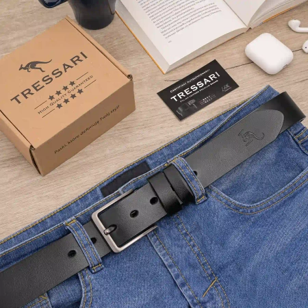 Cureaua barbati piele TRESSARI, piele naturala, 100% neagra, pentru pantaloni