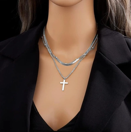 Colier elegant cu cruce din oțel chirurgical multi-argintiu