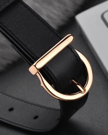 Curea de dama neagra piele, catarama pantalon auriu, piele naturala