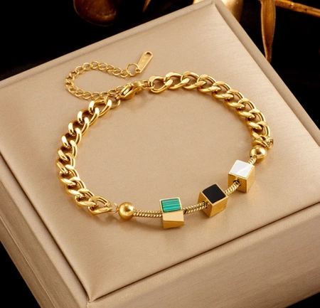 Bratara din aur, otel chirurgical, lant, cuburi, patrate