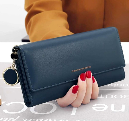 Portofel mare de dama, breloc din piele bleumarin