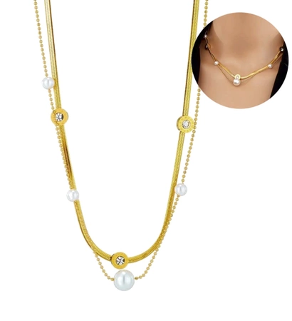 Colier de șarpe dublu din aur cu perle din oțel chirurgical
