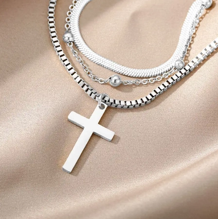 Colier elegant cu cruce din oțel chirurgical multi-argintiu