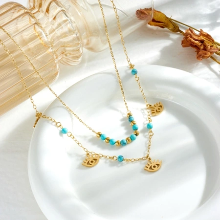 Colier dublu din otel chirurgical din aur cu ochi egipteni