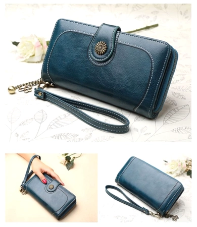 Portofel de dama din piele albastra, decorativ, mare, incapator breloc