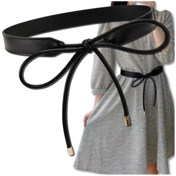 Curea de piele de damă cu talie îngustă legată elegant negru