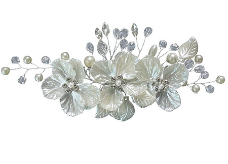 Pieptene de argint pentru nunta, decor par, flori, perle