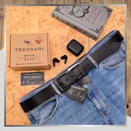 Curea din piele bărbătească TRESSARI, piele naturală, 120 cm, neagră, pentru pantaloni