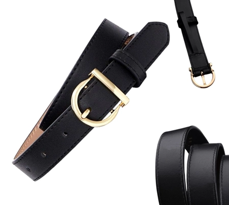 Curea de dama neagra piele, catarama pantalon auriu, piele naturala