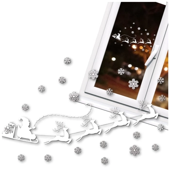 Foaie de autocolante pentru ferestre de Crăciun cu fulgi de zăpadă și sănii