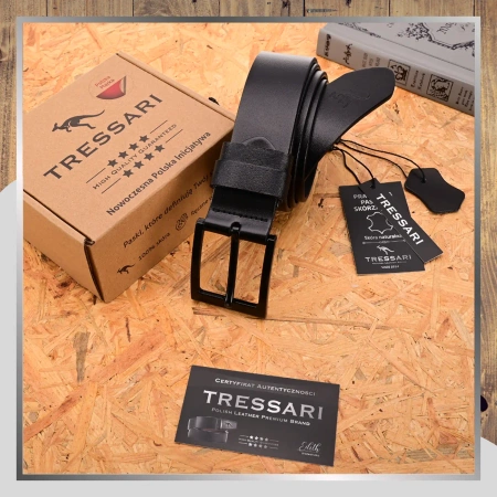 Curea bărbătească din piele pentru pantaloni, neagră TRESSARI, 115 cm, piele naturală