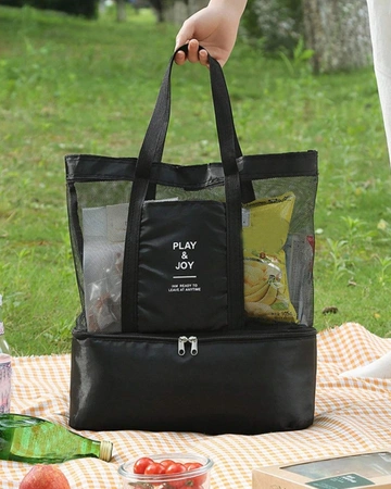 LUNCH BOX plajă geantă de umăr termică dublu negru