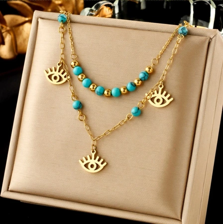 Colier dublu din otel chirurgical din aur cu ochi egipteni