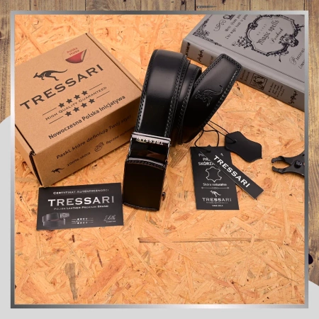 Curea automată din piele pentru pantaloni TRESSARI pentru bărbați, neagră, 120 cm