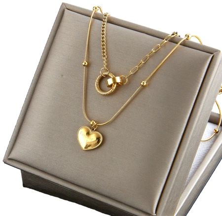 Colier din aur, oțel chirurgical dublu, inele inimioare placate cu aur