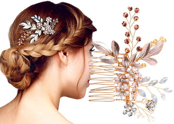 Pieptene de nunta de aur, decor par de cristal, flori, zirconi
