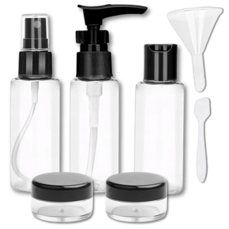 Set de 7 piese sticle negre de voiaj pentru cosmetice