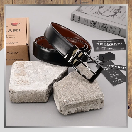 Curea din piele dublă TRESSARI, neagră și maro, 120 cm pentru pantaloni