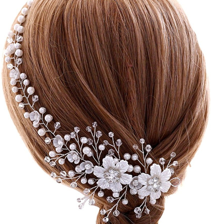 Bandita de nunta cu diadema, creanga argintie, strasuri, flori