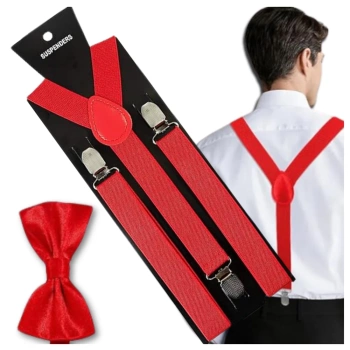 Bretele roșii puternice pentru pantaloni, set de papion roșu