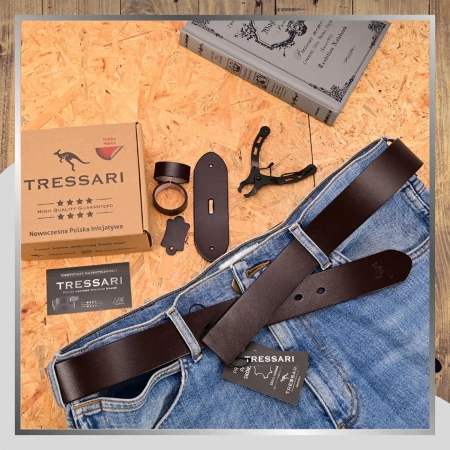Curea din piele maro TRESSARI 120cm pentru pantaloni fără cataramă, piele naturală