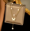 Colier lung din aur, otel chirurgical, fluture, perle, placat cu aur
