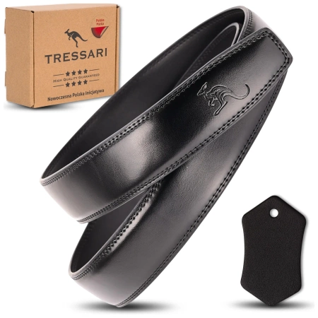 Curea din piele neagră TRESSARI 120cm pentru pantaloni fără cataramă, piele naturală