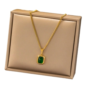 Colier elegant din aur, otel chirurgical, zircon verde, lant