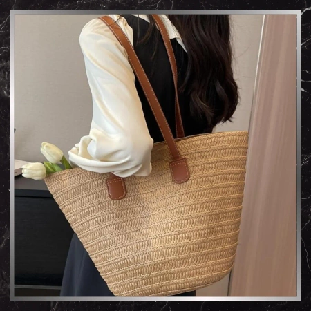 Geantă de umăr din paie pentru plajă de vară BAD&BAGS mare