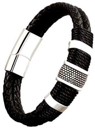 Bratara barbati piele, neagra, otel inoxidabil