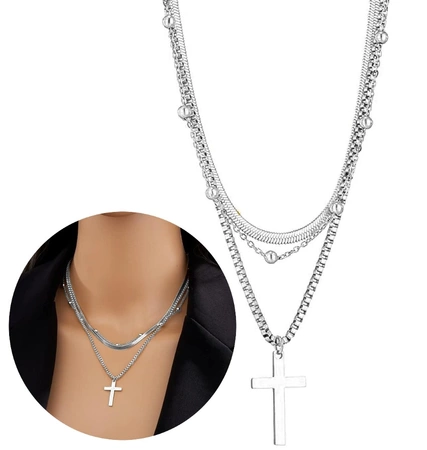 Colier elegant cu cruce din oțel chirurgical multi-argintiu