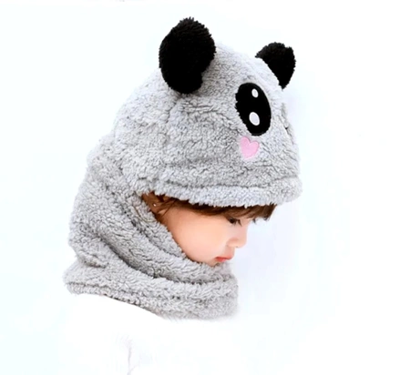Pălărie din lână 2 în 1, glugă caldă cu urechi de panda pentru copii