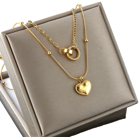 Colier din aur, oțel chirurgical dublu, inele inimioare placate cu aur