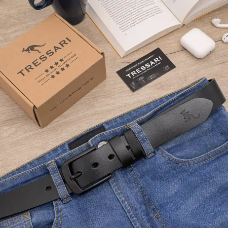 Cureaua barbati TRESSARI din piele pentru pantaloni, 115 cm, piele naturala, 100% neagra