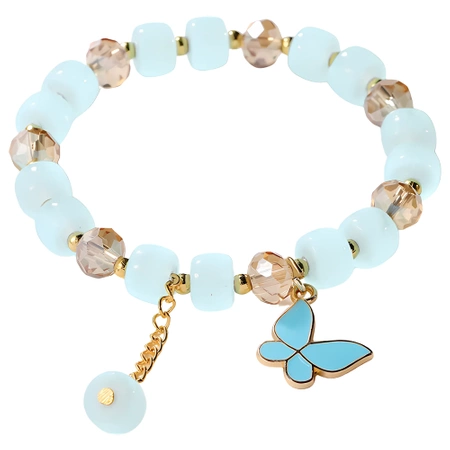Bratara de dama albastra cu margele cu pandantiv fluture pe o banda elastica
