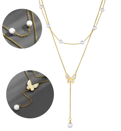 Colier lung din aur, otel chirurgical, fluture, perle, placat cu aur