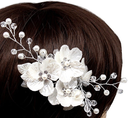 Pieptene de argint pentru nunta, decor par, flori, perle