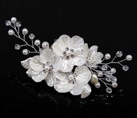 Pieptene de argint pentru nunta, decor par, flori, perle