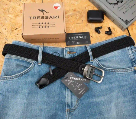 TRESSARI curea elastica impletita neagra catarama argintie