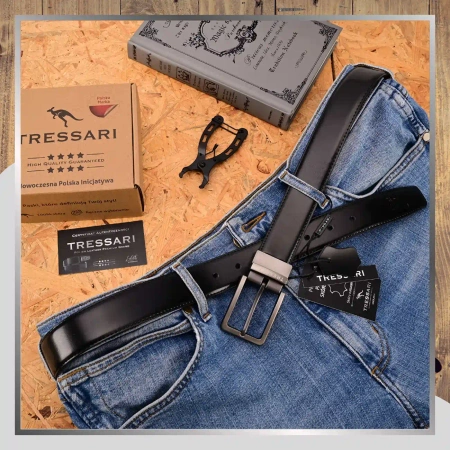 Curea din piele TRESSARI 120cm cu două fețe, negru-maro, pentru pantaloni