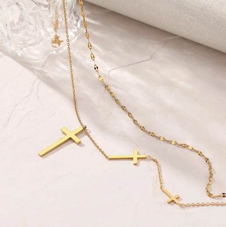 Colier dublu din aur, cruci elegante, delicate din otel chirurgical