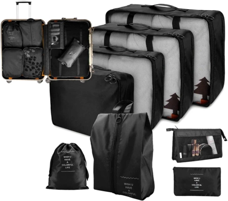 Set de călătorie de 8 organizatoare de valize impermeabile, negru