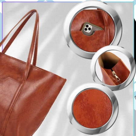 Geanta shopper dama BAD&BAGS din piele maro clasic + accesorii