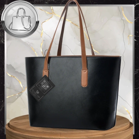 Geantă de mână BAD&BAGS din piele clasică neagră cu inserție maro shopper