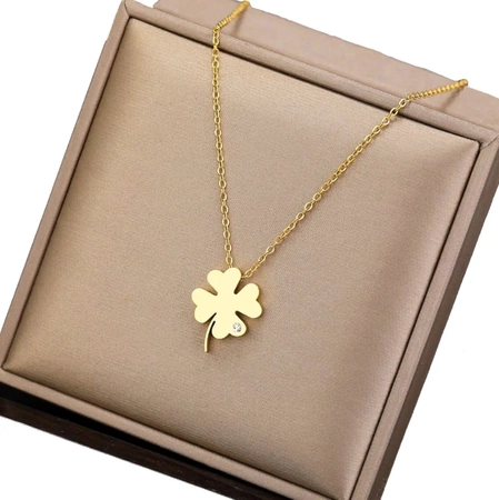 Colier elegant din aur, oțel chirurgical, trifoi, zirconiu