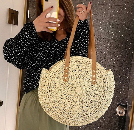 Geantă clasică boho cu coș rotund din paie